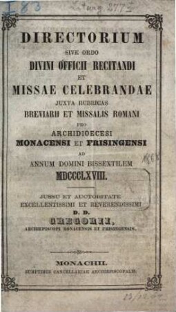 Directorium sive ordo divini officii recitandi et missae celebrandae. 1868