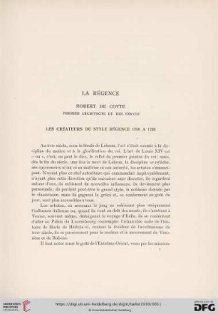 La Régence Robert de Cotte Premier Architecte du Roi 1708-1734