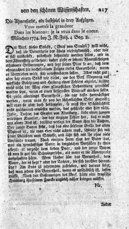 Die Ahnensucht, ein Lustspiel in drey Aufzügen.