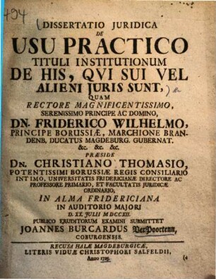 Dissertatio Juridica De Usu Practico Tituli Institutionum De His, Qvi Sui Vel Alieni Juris Sunt