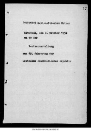 Festveranstaltung zum 15. Jahrestag der Deutschen Demokratischen Republik