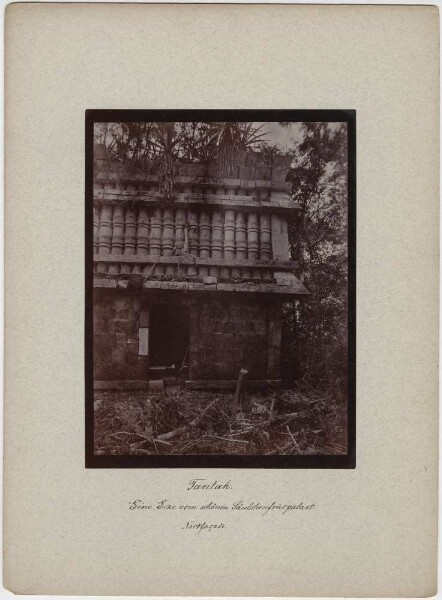 "A corner of the beautiful columned palace. North façade. Discovery by Teobert Maler."