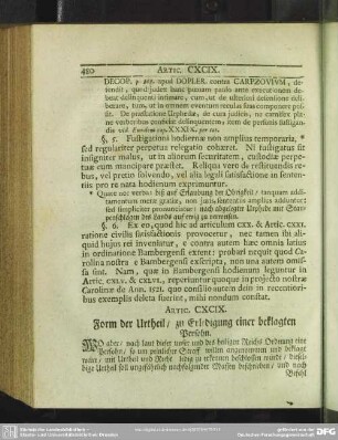 Artic. CXCIX. Form der Urtheil, zu Erledigung einer beklagten Persohn
