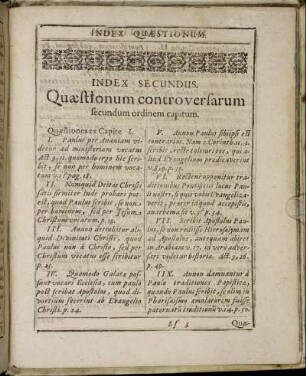 Index Secundus. Quæstionum controversarum secundum ordinem capitum.