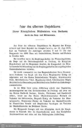 Feier des silbernen Ehejubiläums Ihrer Königlichen Majestäten von Sachsen durch das Berg- und Hüttenwesen