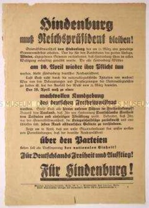 Programmatischer Wahlaufruf zur Unterstützung Paul von Hindenburgs im zweiten Wahlgang der Reichspräsidentenwahlen