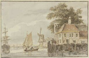 Haus am Wasser und Windmühle, dabei mehrere Schiffe