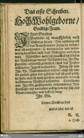 Das erste Schreiben [Eine zugesagte Verschickung an eine herrliche Fraw]