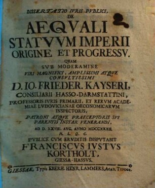 Diss. ... de aequali statuum Imp. origine et progressu