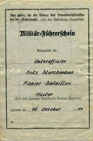 Militär-Führerschein für Fritz Storchmann