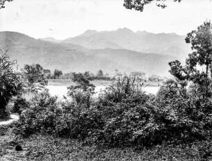 Bergkette : Blick über ein Gewässer mit Ufervegetation auf eine Bergkette