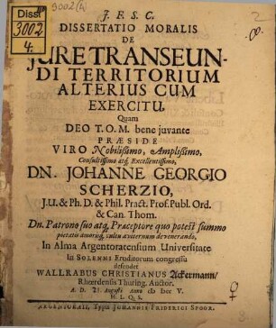 Dissertatio Moralis De Jure Transeundi Territorium Alterius Cum Exercitu
