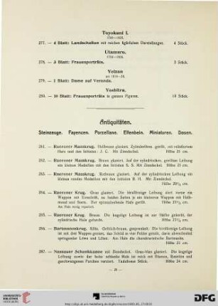 Antiquitäten. Steinzeuge. Fayencen. Porzellane. Elfenbein. Miniaturen. Dosen (Nr. 281-379)