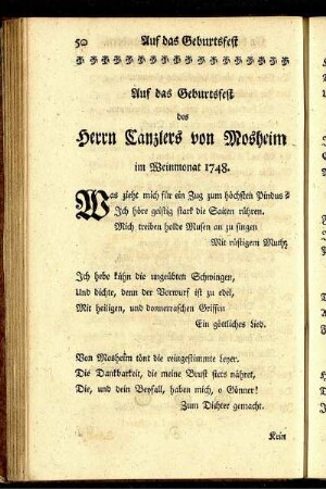 Auf das Geburtsfest des Herrn Canzlers von Mosheim.