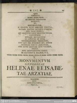 V. Monumentum Generosae Helenae Elisabetae Arzatiae