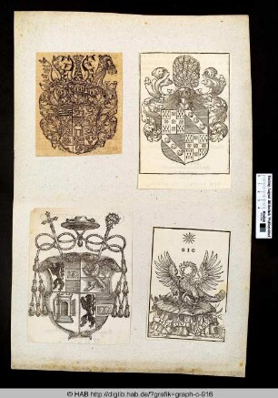 Oben links: Wappen mit Löwe, Hahn und gekreuzten Schwertern