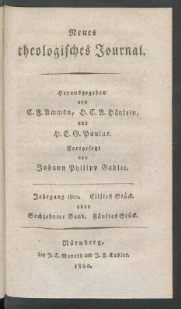 Jahrgang 1800. Eilftes Stück. oder Sechzehnter Band. Fünftes Stück