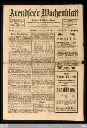 Arendsee'r Wochenblatt, Nr. 73. Donnerstag, den 23. Juni 1921.