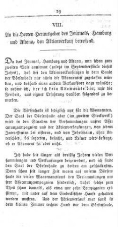 VIII. An die Herren Herausgeber des Journals, Hamburg und Altona, den Aktienverlauf betreffend.