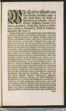 WIr Carl der Fünfft, von Gots Gnaden Römischer Kaiser zu allen Zeiten Merer des Reichs zu Germanien, zu Hispanien ...