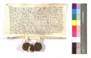 Grete Kleinkunz, Hans von Beckingen's Witwe, verkauft mit Willen des Conrad von Beckingen, Kirchherr zu Beckingen, ihres Stiefsohnes, an Peter von Talheim ihr Anwesen zu Oringew; Siegel: Hans Eyrer zu Heilbronn, Conrad von Beckingen.