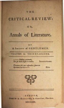 The critical review, or annals of literature. 32. 1771