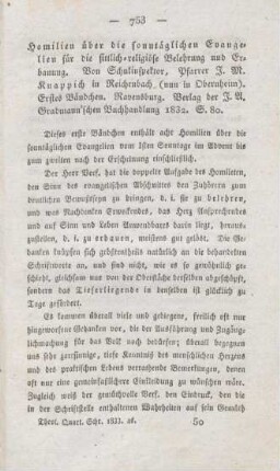 753-755 [Rezension] Knappich, Johann Michael, Homilien über die sonntäglichen Evangelien