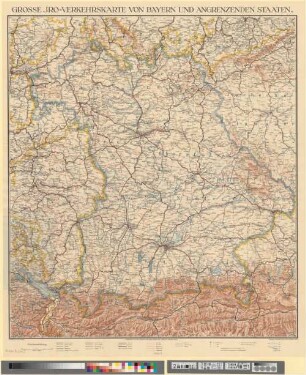 Große Iro-Verkehrskarte von Bayern und angrenzenden Staaten : mit sämtlichen Stationen und vielen Orten, besonderer Hervorhebung der Schnellzugs-, Motor- und Pferdepostlinien, Gebirgsschummerung