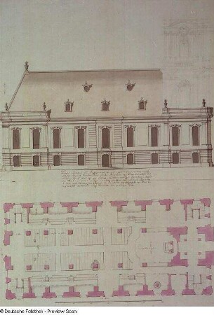 Dresden, Dreikönigskirche. Aufriß N-Seite und Erdgeschoßgrundriß, Blatt 15 : Dreikönigskirche, 1732