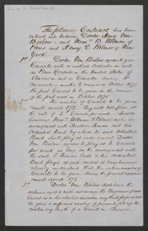 Vertrag über Konzerte Hans von Bülows 1875 in den USA und Kanada