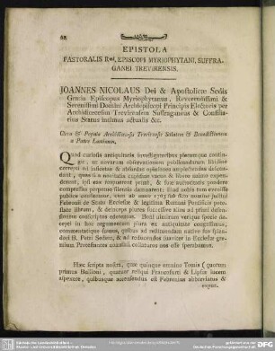 Epistola Pastoralis Rmi. Episcopi Myriophytani, Suffraganei Trevirensis