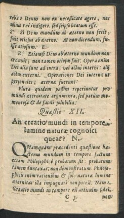 Quaestio XII. An creatio mundi in tempore, lumine naturae cognosci queat?