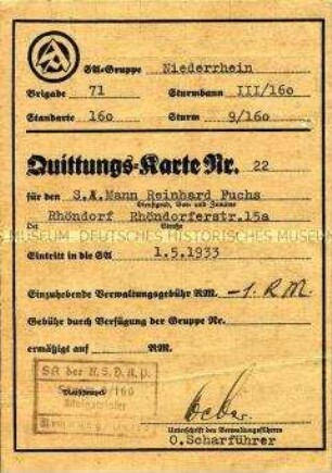 Beitrags-Quittungskarte der SA von Reinhard Fuchs