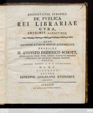 Dissertatio Ivridica De Pvblica Rei Librariae Cvra, Imprimis Lipsiensi