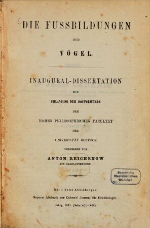 Die Fussbildungen der Vögel : Inaugural-Dissertation