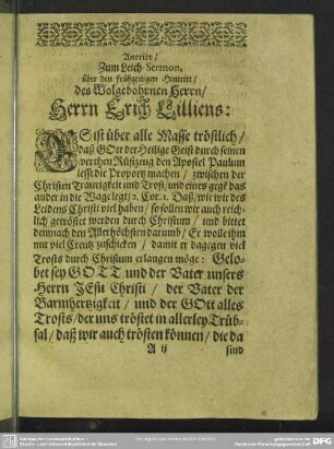 Leichenpredigt : Christliche Leich-Predigt. Antritt. Vorrede zur Predigt. Vom Ersten