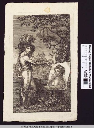 Ein Adliger deutet auf das Porträt einer Frau, das an einem Baumstamm befestigt ist