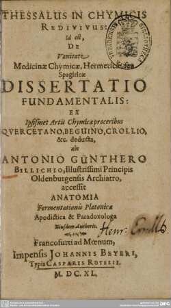 Thessalus In Chymicis Redivivus: Id est, De Vanitate Medicinae Chymicae, Hermeticae, seu Spagiricae Dissertatio Fundamentalis