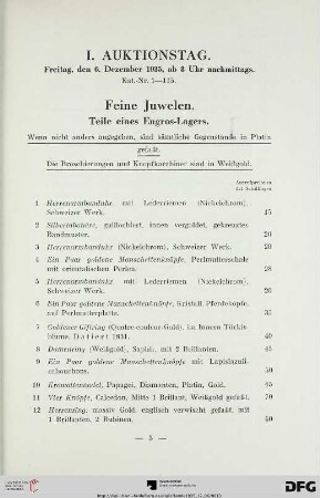 I. Auktionstag: Freitag, den 6. Dezember 1935, ab 3 Uhr nachmittags (Nr. 1-115)