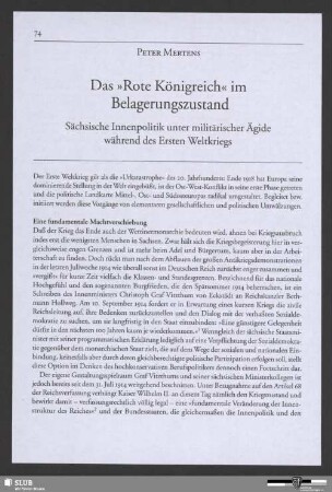 Das "Rote Königreich" im Belagerungszustand - Sächsische Innenpolitik unter militärischer Ägide während des Ersten Weltkriegs