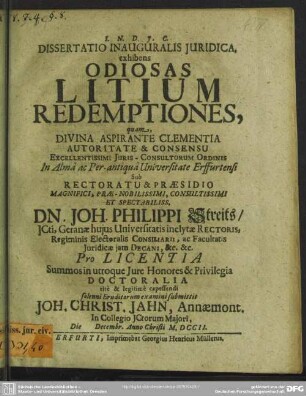 Dissertatio Inauguralis Iuridica, exhibens Odiosas Litium Redemptiones