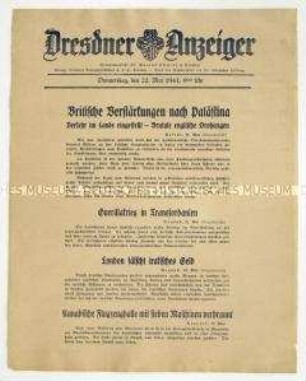 Nachrichtenblatt "Dresdner Anzeiger" u.a. mit Meldungen zum Kriegsschauplatz Naher Osten
