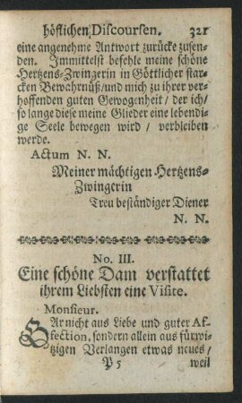 No. III. Eine schöne Dam verstattet ihrem Liebsten eine Visite.