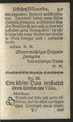 No. III. Eine schöne Dam verstattet ihrem Liebsten eine Visite.