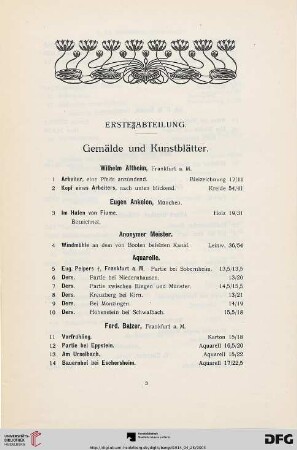 I. Abteilung. Gemälde und Kunstblätter (Nr. 1-396)