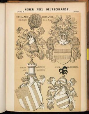 Taf. 378. Grafen zu Wied Altes Wappen. - Grafen zu Wied Neues Wappen. - Herrn zu Runkel, nach Grünenberg. - Herrn zu Isenburg.
