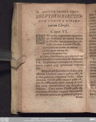 Solutio Obiectionum Contra Divinitatem Christi. Caput VI.