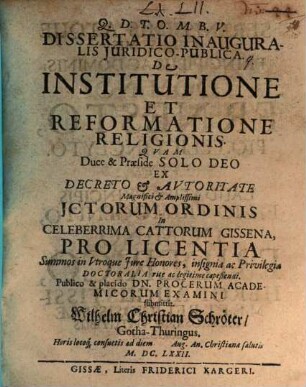 Diss. inaug. iur. publ. de institutione et reformatione religionis