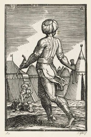 Feldschmied mit Hammer und Zange, aus: Melchior Lorch, "Des Weitberühmten Kunstreichen und Wolerfahrnen herrn Melchior Lorichs, Flensburgensis Wolgerissene und geschnittene Figuren zu Ross und Fuss sampt schönen Türkischen Gebäuden und allerhand was in der Türkey ze sehen", Hamburg 1626