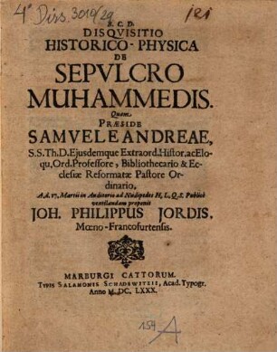 Disquisitio Historico-Physica De Sepulcro Muhammedis
